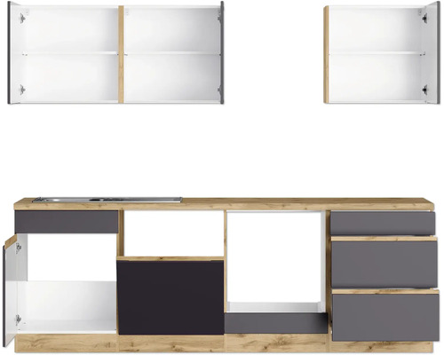 Küchenzeile mit Hängeschränken, Unterschränken und Schubladen