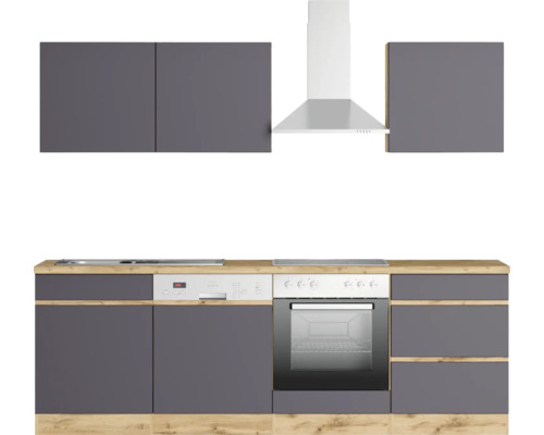 Küchenzeile mit Spüle, Geschirrspüler, Herd, Backofen, Dunstabzugshaube und Schränken