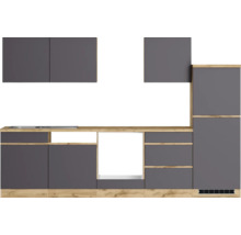 Moderne Küche mit grauen Schränken und hellem Holzdekor