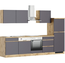 Küchenzeile mit Spüle, Geschirrspüler, Herd, Backofen, Dunstabzugshaube und Hängeschränken