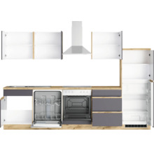 Komplette Küche mit Hängeschränken, Spüle, Geschirrspüler, Herd, Ofen, Dunstabzugshaube und Kühlschrank