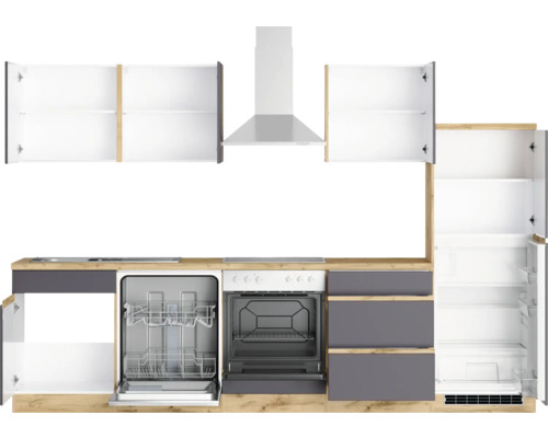 Komplette Küche mit Hängeschränken, Spüle, Geschirrspüler, Herd, Ofen, Dunstabzugshaube und Kühlschrank