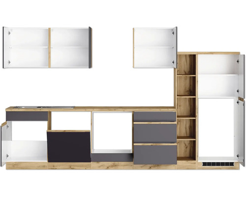 Küchenzeile mit Ober- und Unterschränken, Schubladen und Regalen