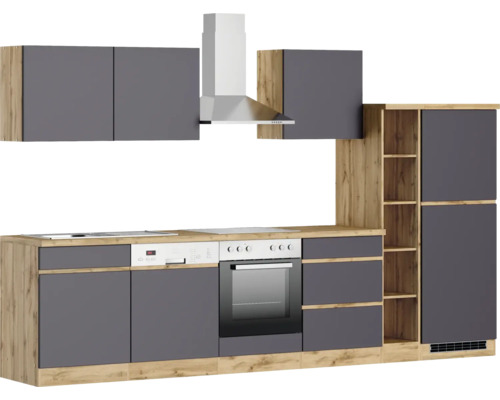 Komplette Küche mit Dunstabzugshaube, Spüle, Herd und Backofen