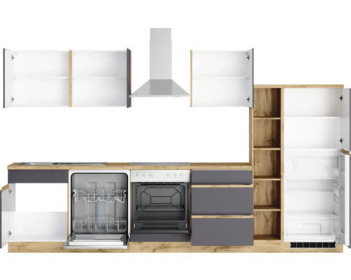 Küchenzeile mit Spüle, Geschirrspüler, Backofen, Dunstabzugshaube und Kühlschrank