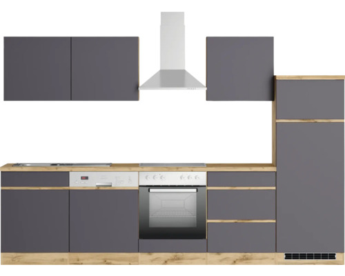 Komplette Küche mit Spüle, Geschirrspüler, Herd, Backofen, Dunstabzugshaube und Hängeschränken