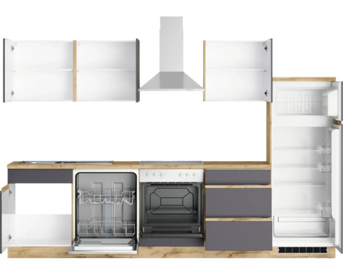 Komplette Küche mit Spüle, Herd, Dunstabzugshaube, Geschirrspüler und Kühlschrank