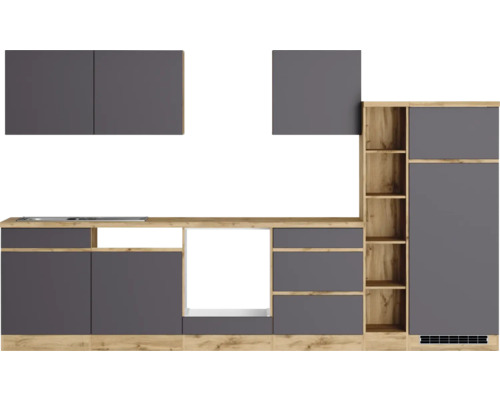 Küchenzeile mit Ober- und Unterschränken sowie Regalelement