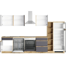 Küchenzeile mit Spülmaschine, Herd, Dunstabzugshaube und Kühlschrank