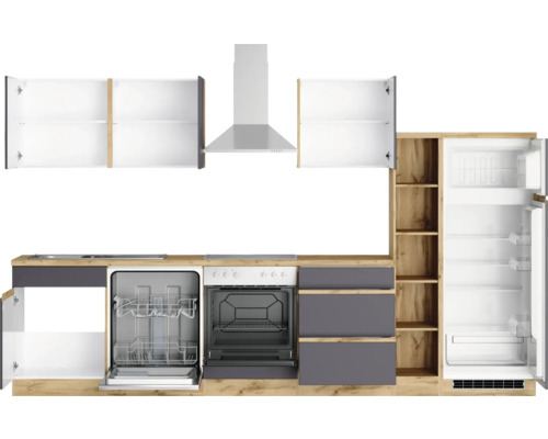 Küchenzeile mit Spülmaschine, Herd, Dunstabzugshaube und Kühlschrank