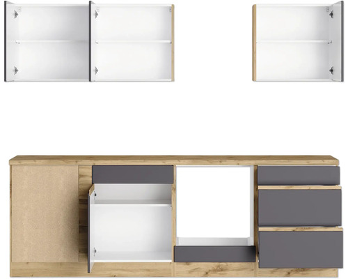 Möbelset mit Unterschränken, Schubladen und Hängeschränken