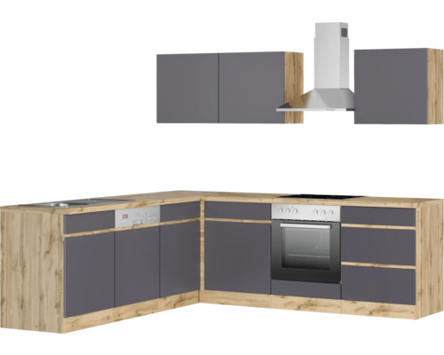 Komplette Küche mit Spüle, Geschirrspüler, Herd, Backofen, Dunstabzugshaube und Hängeschränken