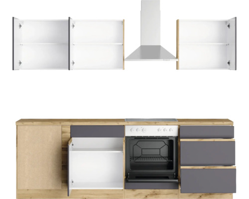Moderne Küchenzeile mit Hängeschränken, Dunstabzugshaube, Herd und Schubladen