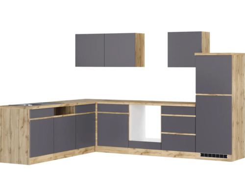 Winkelküche Held Möbel PISA 300 cm grau matt/wildeiche Moderne Küchenzeile mit Ober- und Unterschränken in Holzoptik und grau