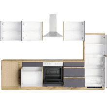 Küchenzeile mit Hängeschränken, Dunstabzugshaube, Herd, Backofen und Kühlschrank