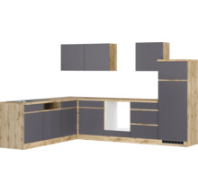 Moderne Eckküche mit grauen Fronten und Holzoptik