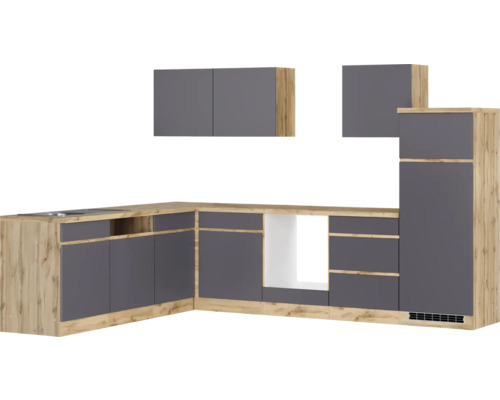 Winkelküche Held Möbel PISA 300 cm grau matt/wildeiche Moderne Eckküche mit grauen Fronten und Holzoptik