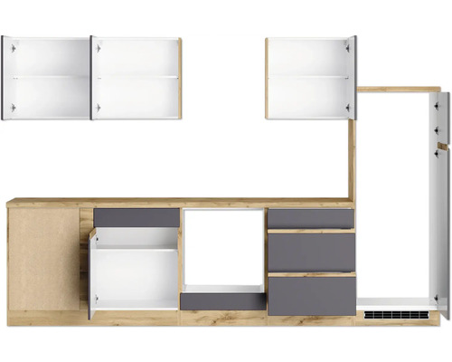 Küchenzeile mit Hänge- und Unterschränken sowie Schubladen