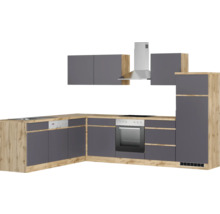 Komplette Küche mit Hängeschränken, Dunstabzugshaube, Spüle, Geschirrspüler und Backofen