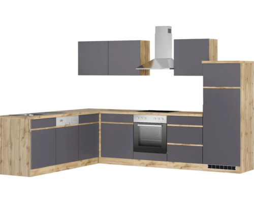 Komplette Küche mit Hängeschränken, Dunstabzugshaube, Spüle, Geschirrspüler und Backofen