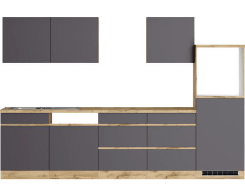 Moderne Küche mit grauen Schränken und hölzernen Arbeitsplatten