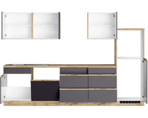 Küchenzeile mit Ober- und Unterschränken sowie Schubladen