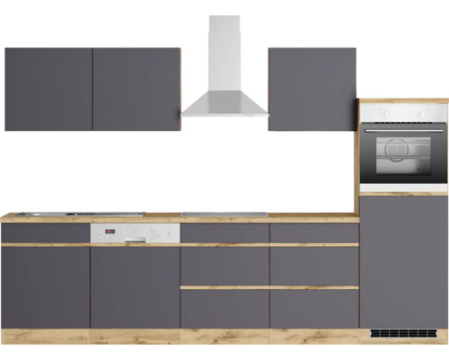 Komplette Küchenzeile mit Hängeschränken, Dunstabzugshaube, Spülmaschine und Backofen