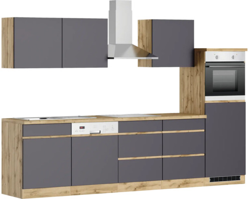 Küchenzeile mit Schränken, Dunstabzugshaube, Spülmaschine und Backofen