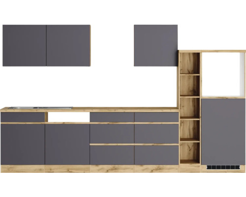 Küchenzeile mit Ober- und Unterschränken in Holzoptik und Dunkelgrau