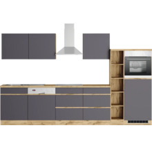 Küchenzeile mit Spüle, Herd, Dunstabzugshaube, Geschirrspüler, Backofen und Schränken