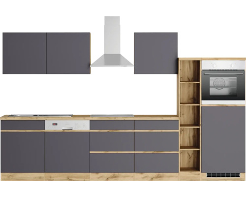 Küchenzeile mit Spüle, Herd, Dunstabzugshaube, Geschirrspüler, Backofen und Schränken