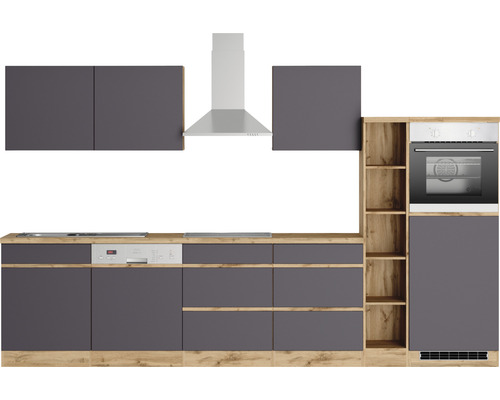 Küchenzeile mit Hängeschränken, Dunstabzugshaube, Spülmaschine und Einbaubackofen