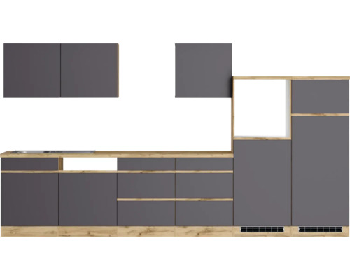 Moderne Küche mit grauen Schränken und Holzdetails