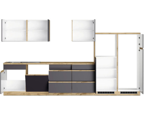 Moderne Küche mit Hängeschränken, Schubladen und Regalen