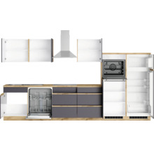 Küchenzeile mit Geschirrspüler, Herd, Dunstabzugshaube und Kühlschrank