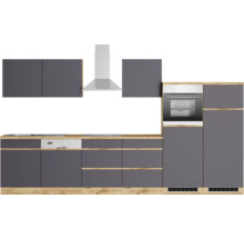 Moderne Küchenzeile mit Elektrogeräten und grauen Fronten