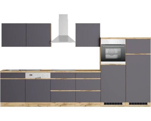 Moderne Küchenzeile mit Elektrogeräten und grauen Fronten