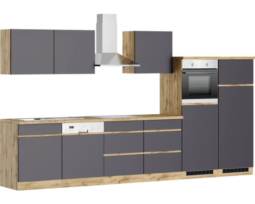 Komplette Küche mit Hängeschränken, Dunstabzugshaube, Spülmaschine und Backofen