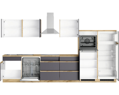 Küchenzeile mit Spülmaschine, Herd, Dunstabzugshaube und Kühlschrank