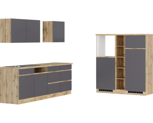 Küchenblock Held Möbel PISA 390 cm grau matt/wildeiche Küchenzeile mit Spüle, Hängeschränken und Hochschrank