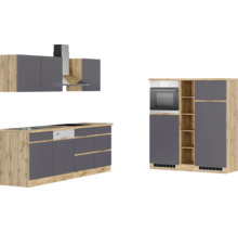 Moderne Küche mit Spüle, Kochfeld, Geschirrspüler, Backofen und Dunstabzugshaube