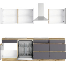 Komplette Küche mit Geschirrspüler, Dunstabzugshaube, Spüle, Kochfeld und Hängeschränken