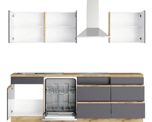 Komplette Küche mit Geschirrspüler, Dunstabzugshaube, Spüle, Kochfeld und Hängeschränken