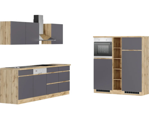 Komplette Küchenzeile mit Hängeschränken, Dunstabzugshaube, Spüle, Herd, Geschirrspüler und Backofen