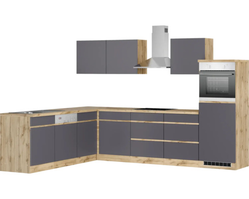 Komplette Küche mit Spüle, Geschirrspüler, Kochfeld, Backofen und Dunstabzugshaube in grauen Farben