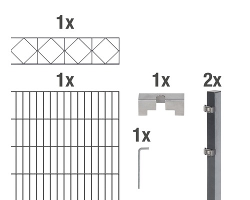 Doppelstabmatten-Set ALBERTS Bergen 200 x 100 cm, 2 m anthrazit Bestandteile eines Zaunbausatzes: Zaunfeld mit Rautenmuster, Gitterzaunfeld, Verbindungselement, Pfosten und Werkzeug