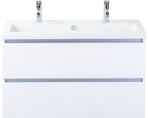 Waschbeckenunterschrank Sanox Vogue Keramik 59x101x41 cm mit Doppel-Keramikwaschbecken weiß hochglanz