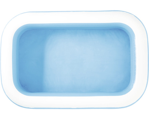Aufblasbarer Pool mit rechteckiger Form, gefüllt mit Wasser.