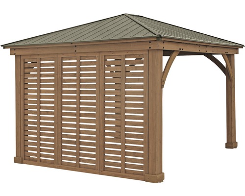 Holzpavillon mit Lamellenwand und Metalldach für den Garten