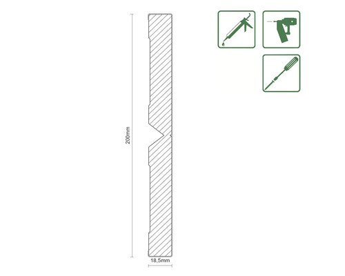Profilleiste, Querschnitt mit Maßangaben und Symbolen zur Montage